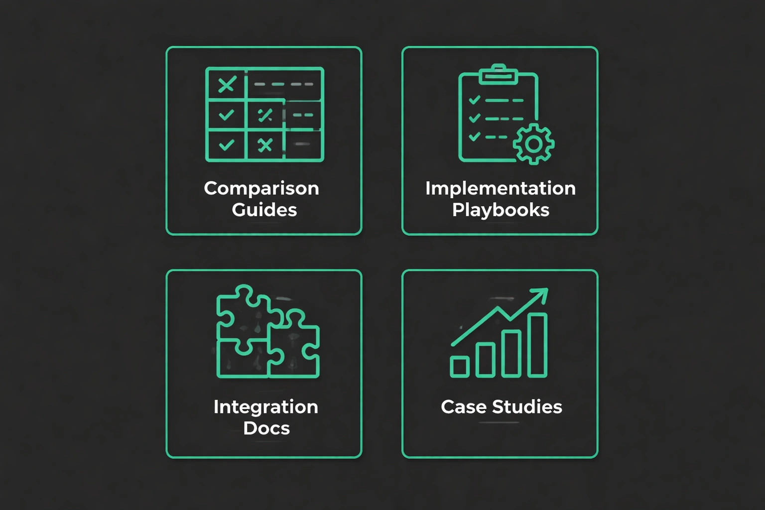 Four flat minimalist vector illustration cards on a dark #212121 background, each highlighted with accent #02c071, representing Comparison Guides, Implementation Playbooks, Integration Docs, and Case Studies.