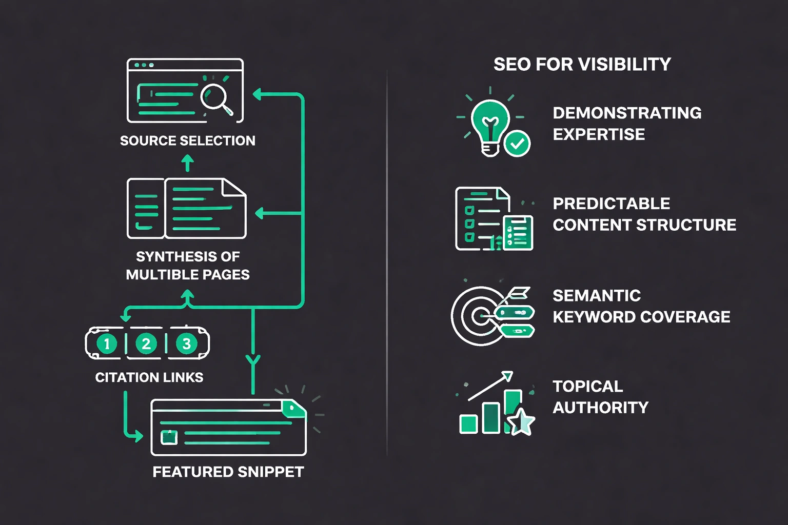 A flat minimalist vector flowchart on a dark background with green accents, depicting the creation of Google AI Overviews and key SEO strategies such as expertise, structure, semantic keywords, and authority.