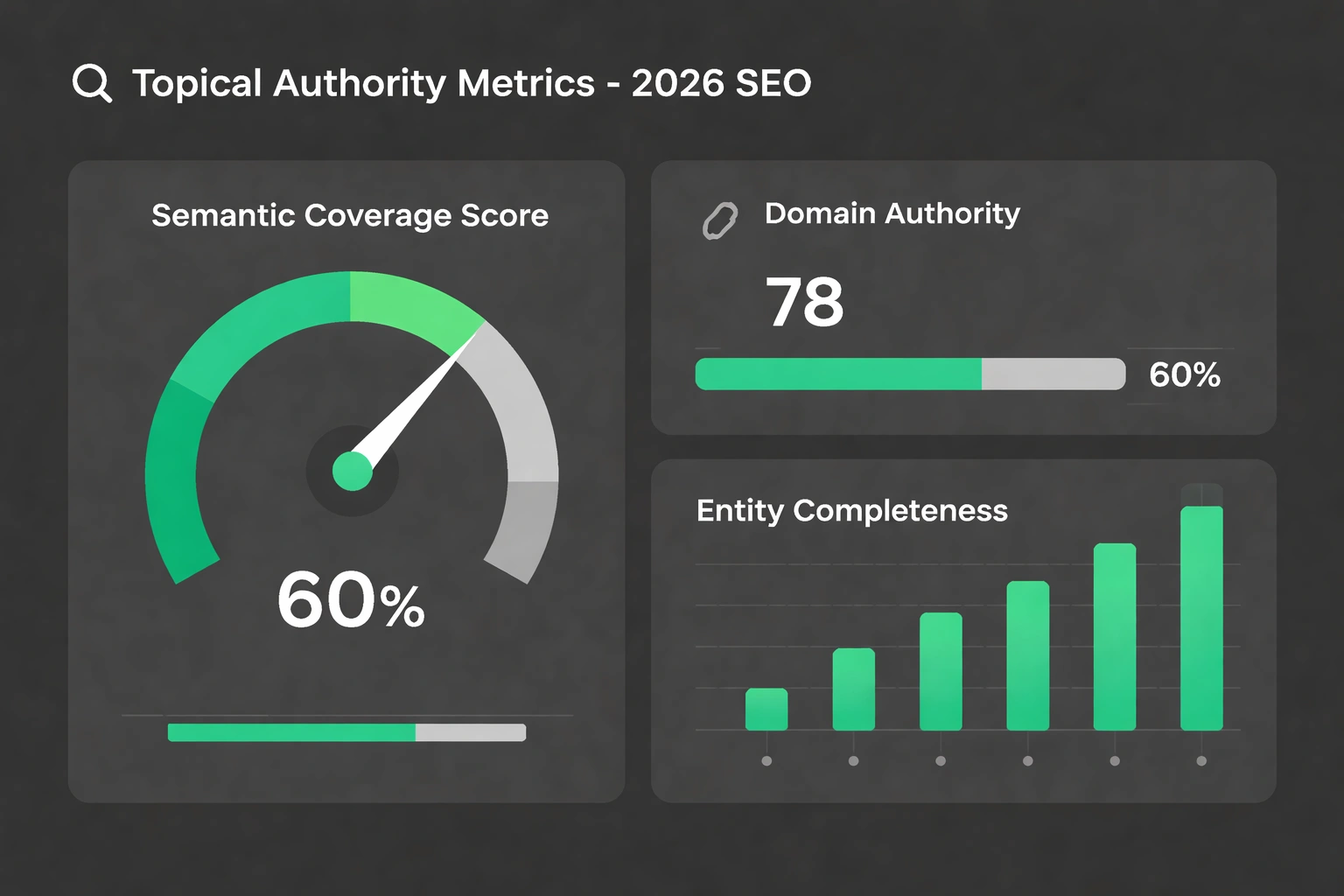 Dashboard style stats illustration showing semantic coverage score and other SEO authority metrics in flat minimalist vector style.