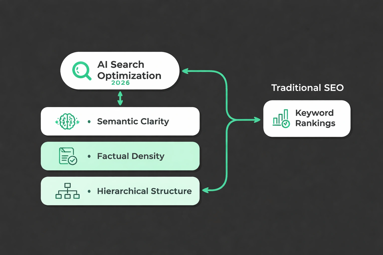 Flat minimalist vector flowchart comparing AI Search Optimization and Traditional SEO on a dark background