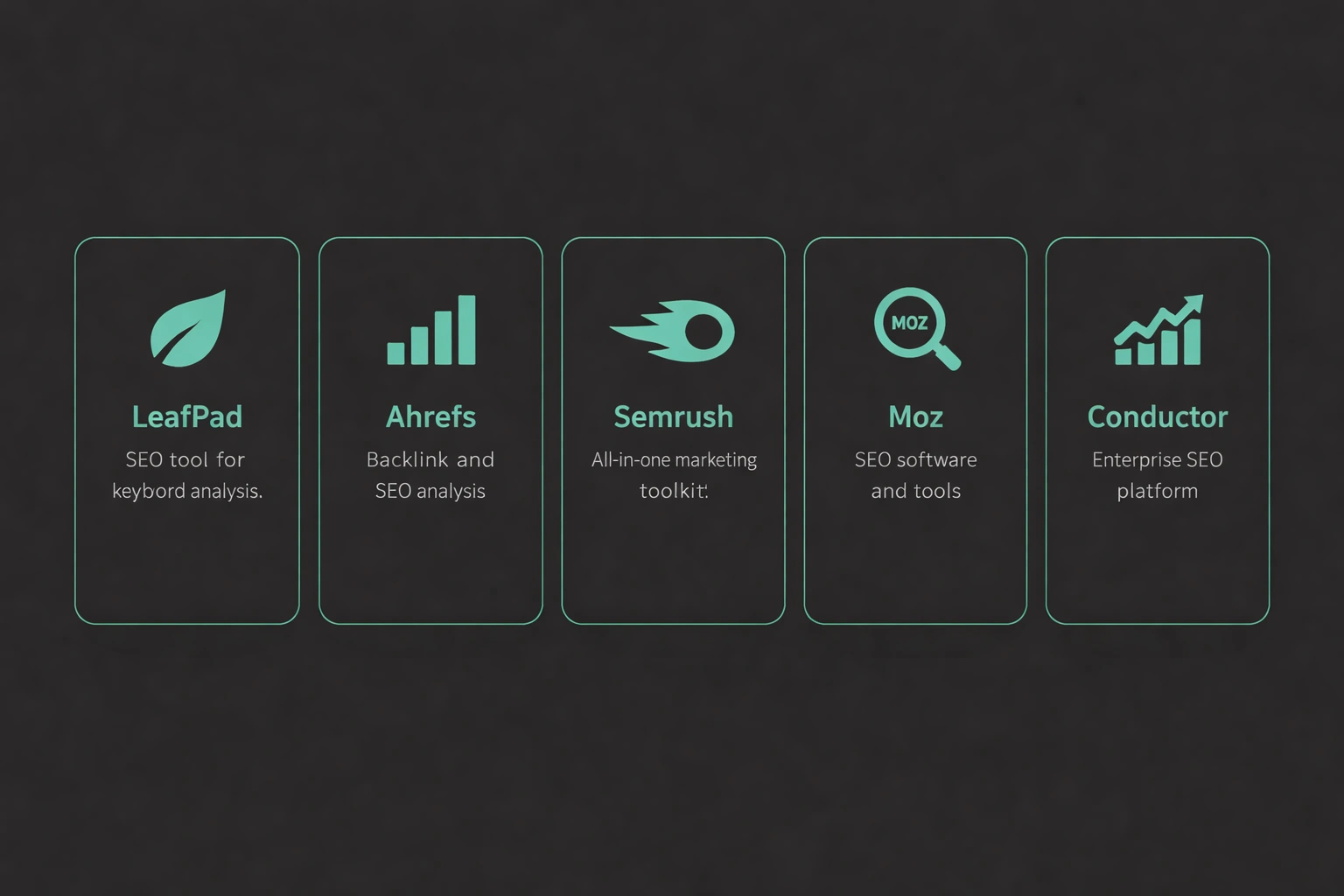 Flat minimalist vector illustration of five vertical cards on a dark charcoal background (#212121), each card representing an SEO platform (LeafPad, Ahrefs, Semrush, Moz, Conductor) with teal accent highlights (#02c071) for borders, icons, and titles, and brief description text in light gray.