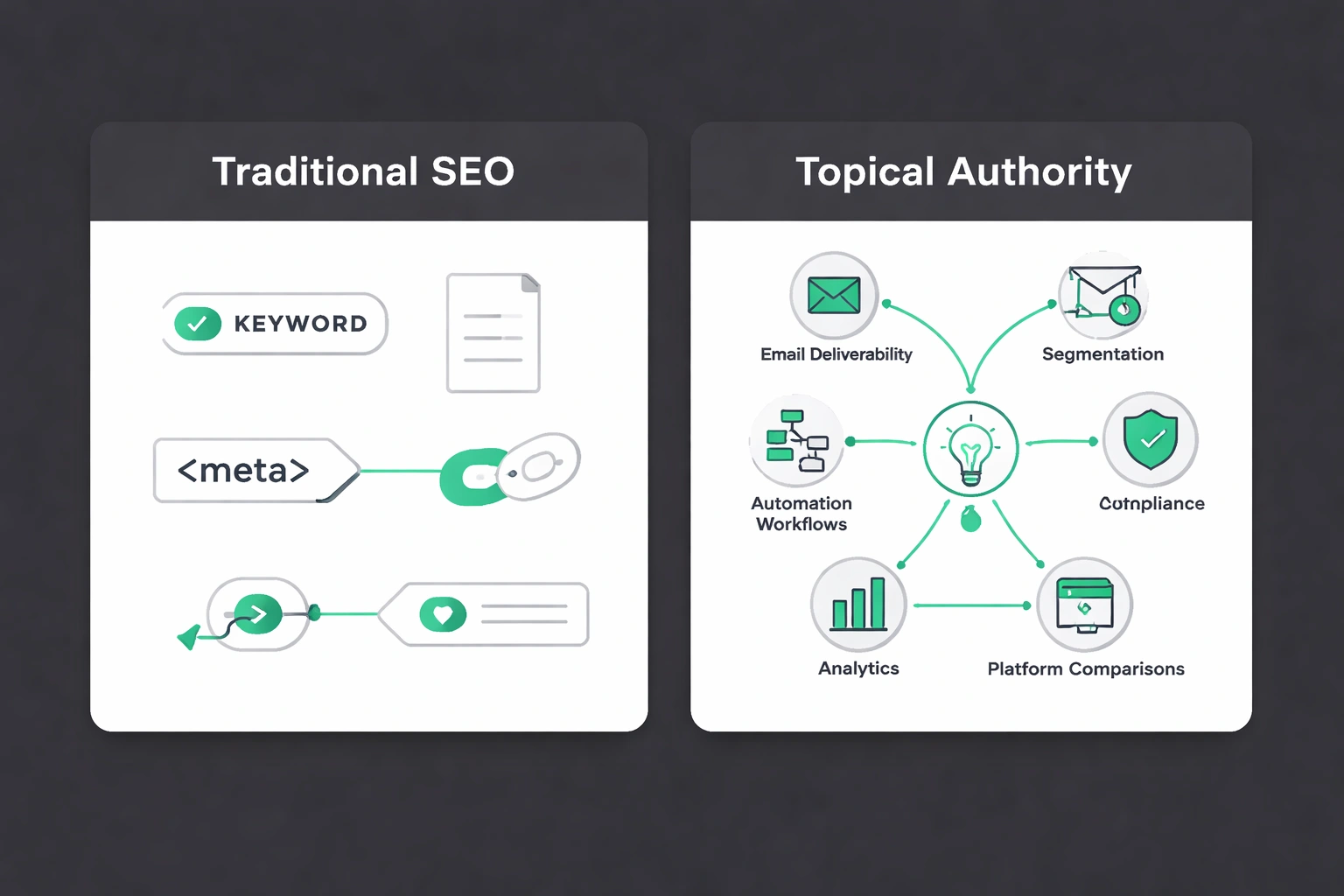 Side‑by‑side comparison of Traditional SEO vs Topical Authority in flat minimalist vector style on dark background