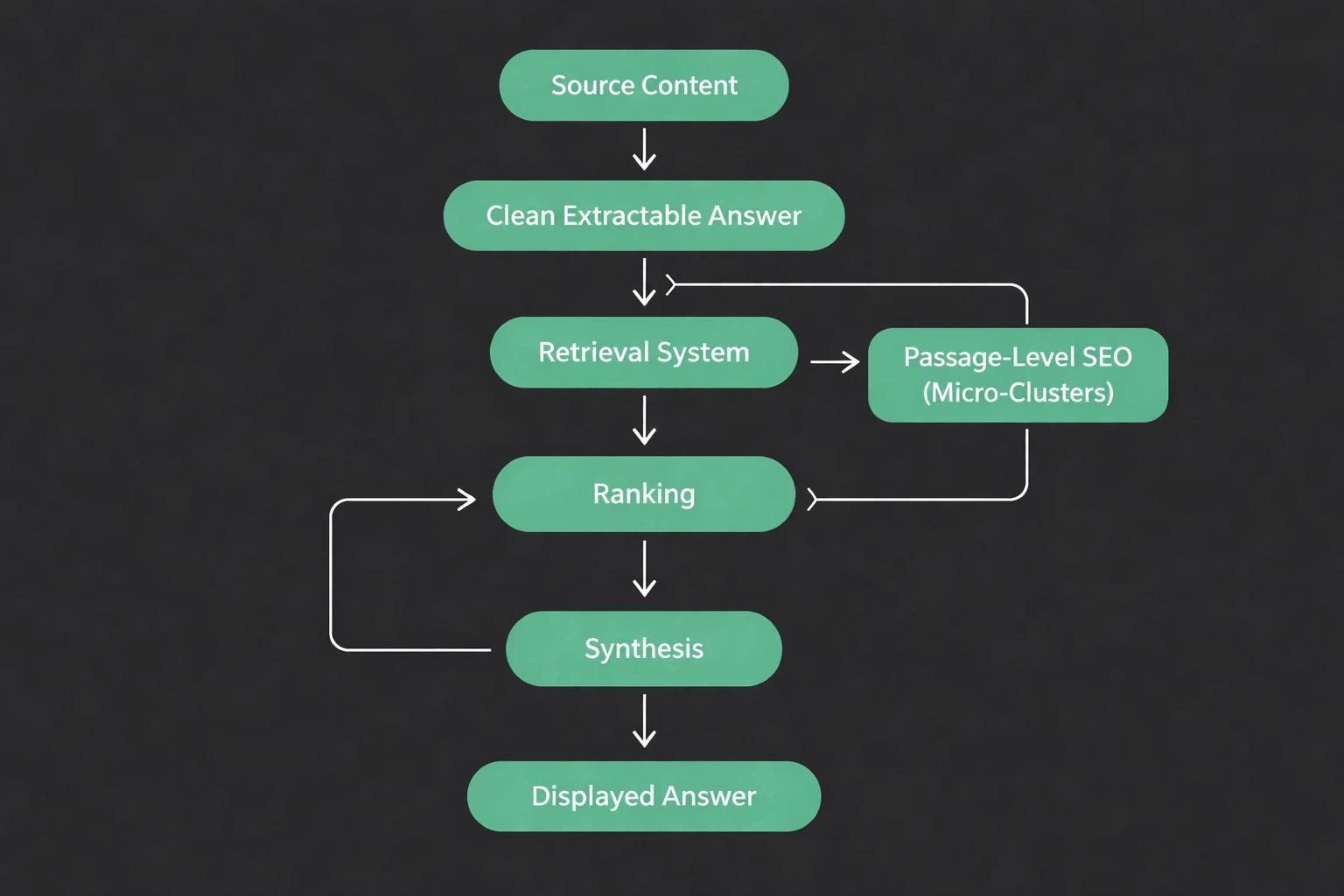 A flat minimalist vector flowchart on a dark background illustrating why ChatGPT cites some sites and ignores others, with nodes connected by arrows showing the steps: Source Content → Clean Extractable Answer → Retrieval System → Passage-Level SEO (micro-clusters) → Ranking → Synthesis → Displayed Answer, using the site accent color #02c071 for node backgrounds and arrows, and white text on each node.