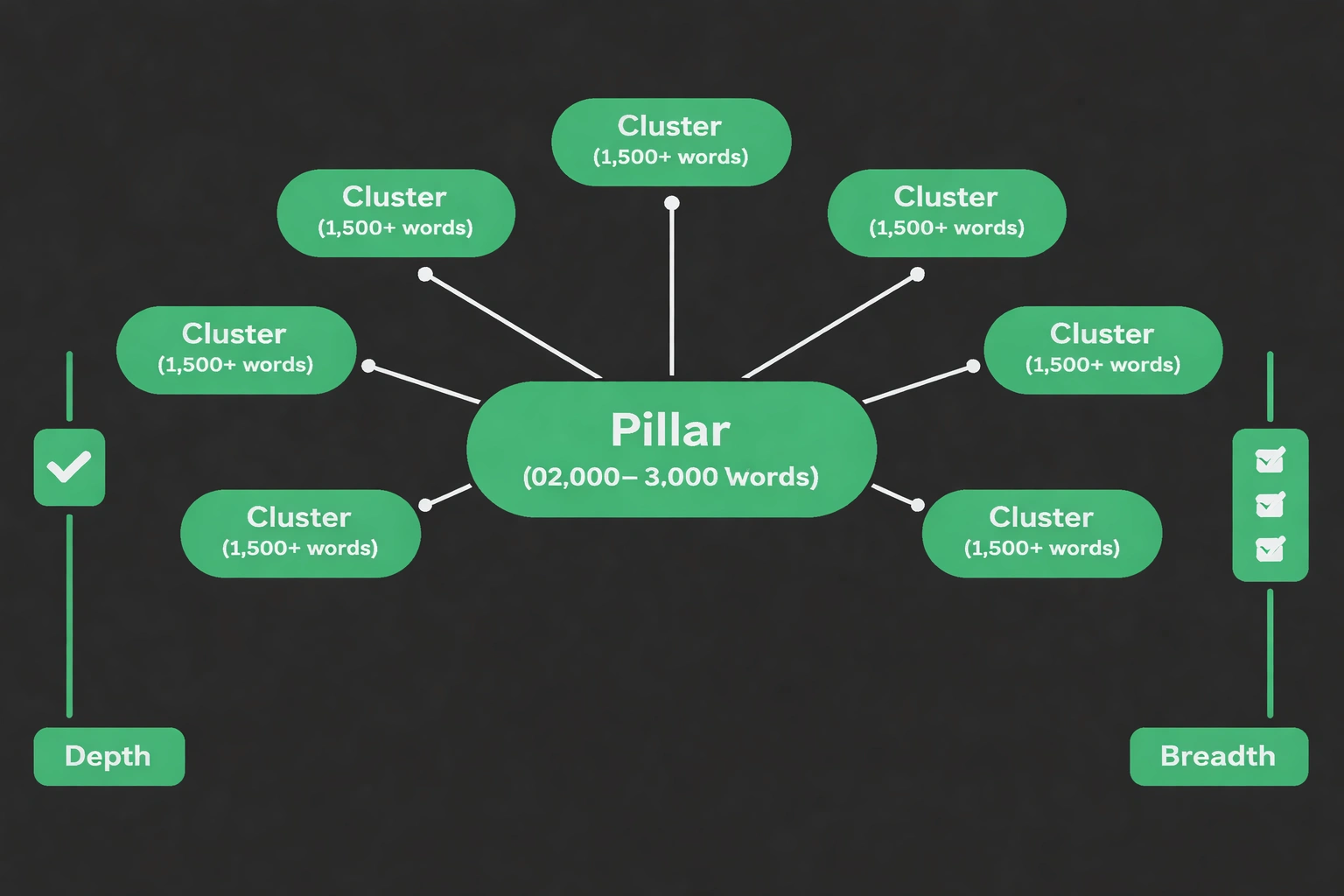 Branching diagram illustrating LeafPad's pillar-cluster model balancing content depth and breadth, with a central pillar node and surrounding cluster nodes, flat minimalist vector style on dark background using accent green.