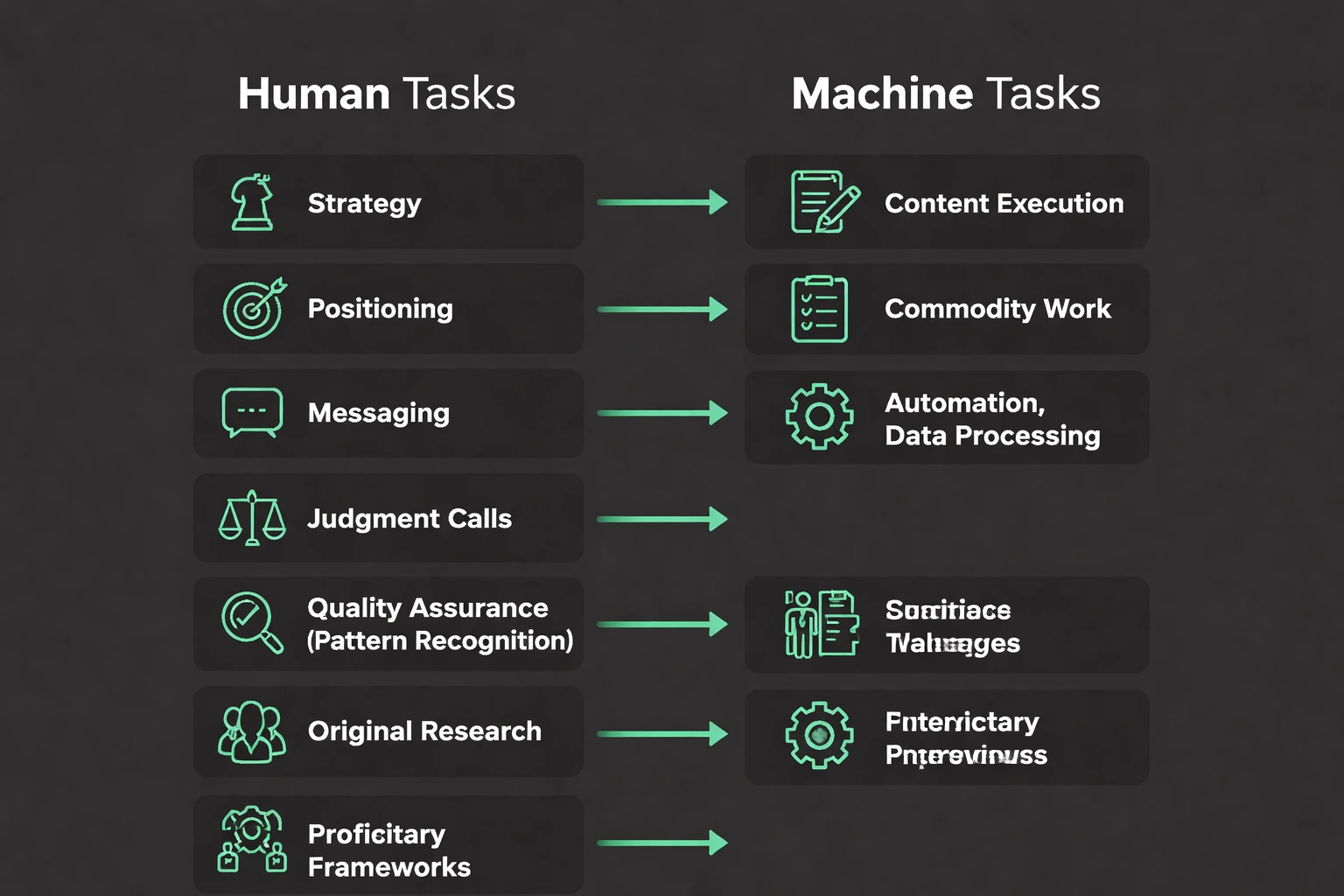Flat minimalist vector flowchart on a dark #212121 background, using accent #02c071 to highlight sections, illustrating human vs machine contributions in AI content automation. Two parallel columns titled 'Human Tasks' and 'Machine Tasks' with simple icons and brief labels, connected by arrows showing the workflow from strategy definition to execution and quality assurance.