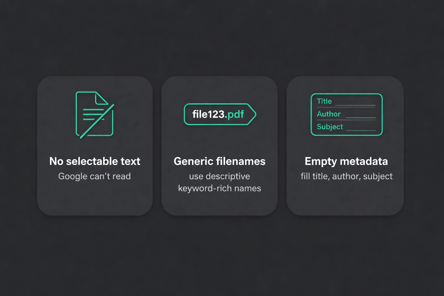 Three flat minimalist vector illustration cards on a dark #212121 background, each card highlighting a common PDF SEO mistake with an icon and short caption, using accent color #02c071 for icons and highlights.