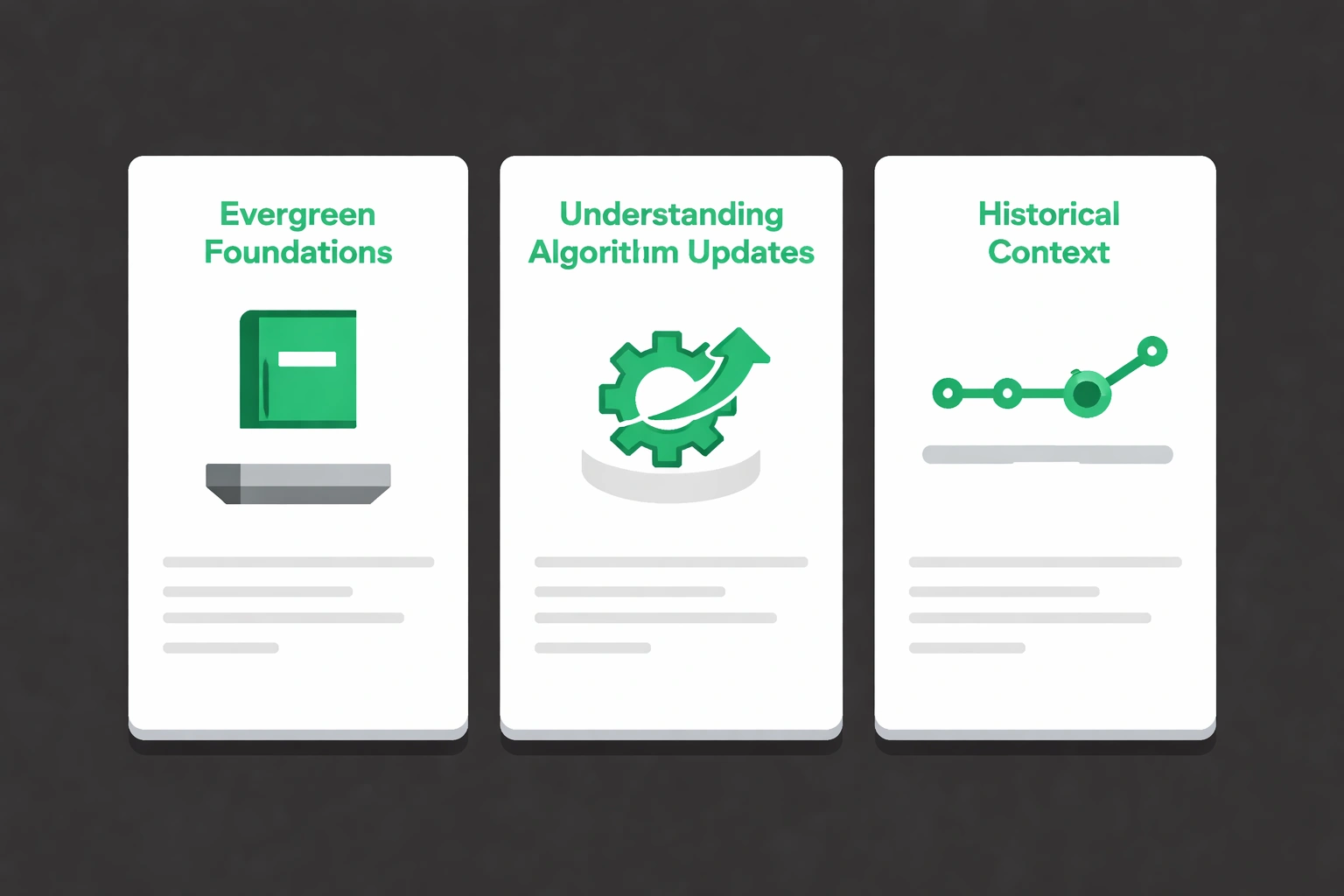 Three flat minimalist vector cards on a dark #212121 background highlighting why SEO textbooks outlast blog hacks in 2026, with accent #02c071 used for titles and icons.