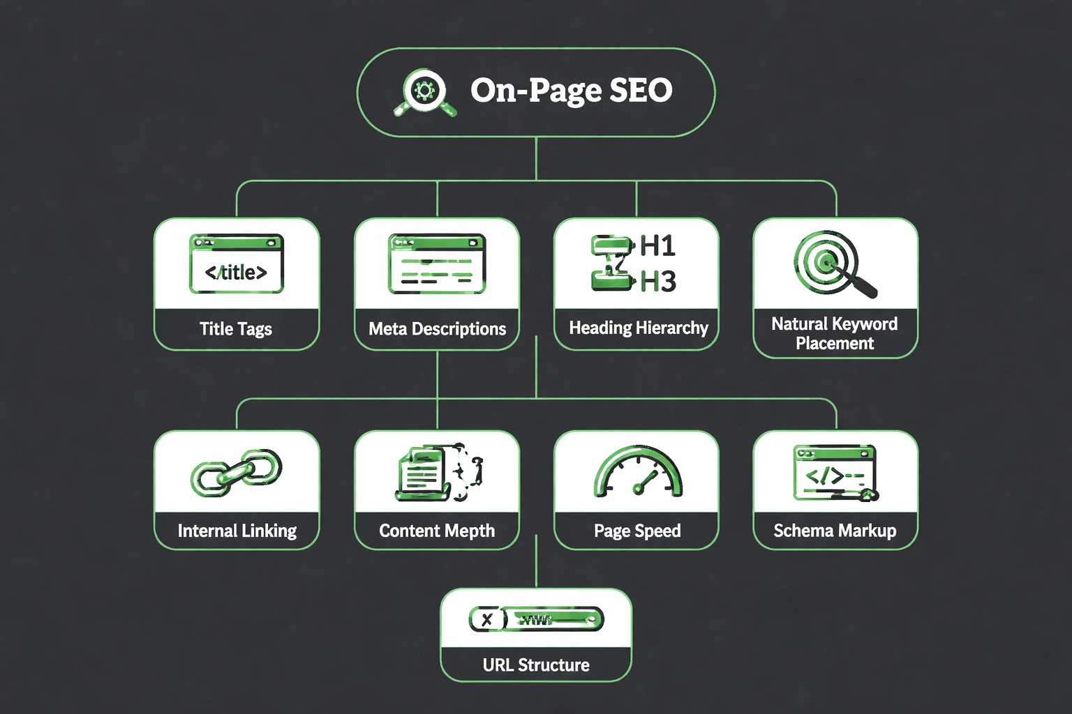 Flat minimalist vector flowchart of On-Page SEO components