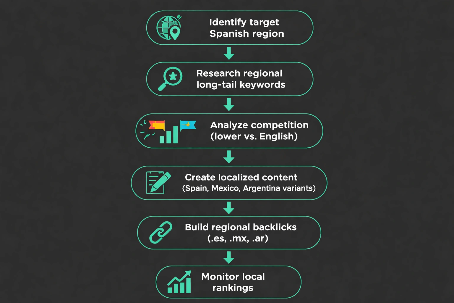A flat minimalist vector flowchart on a dark background showing the steps of a Spanish-language SEO strategy, highlighted with green accent color.