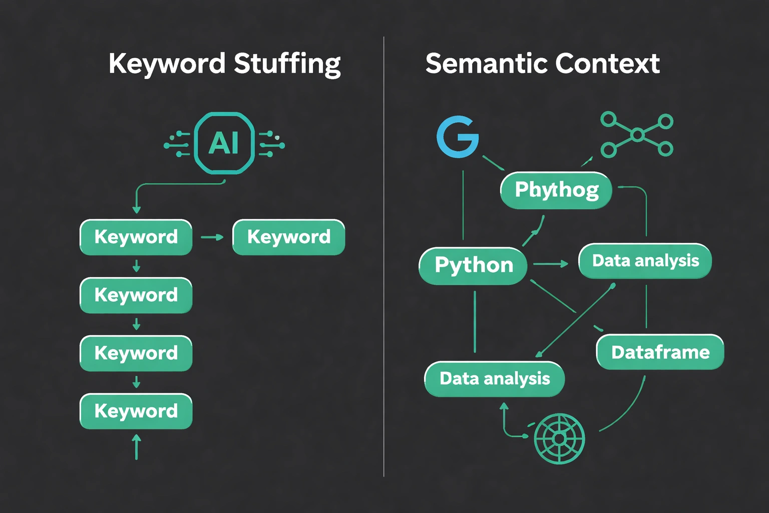 Flat minimalist vector flowchart illustrating semantic SEO context versus keyword stuffing, showing concept relationships and AI/Google elements on a dark background.