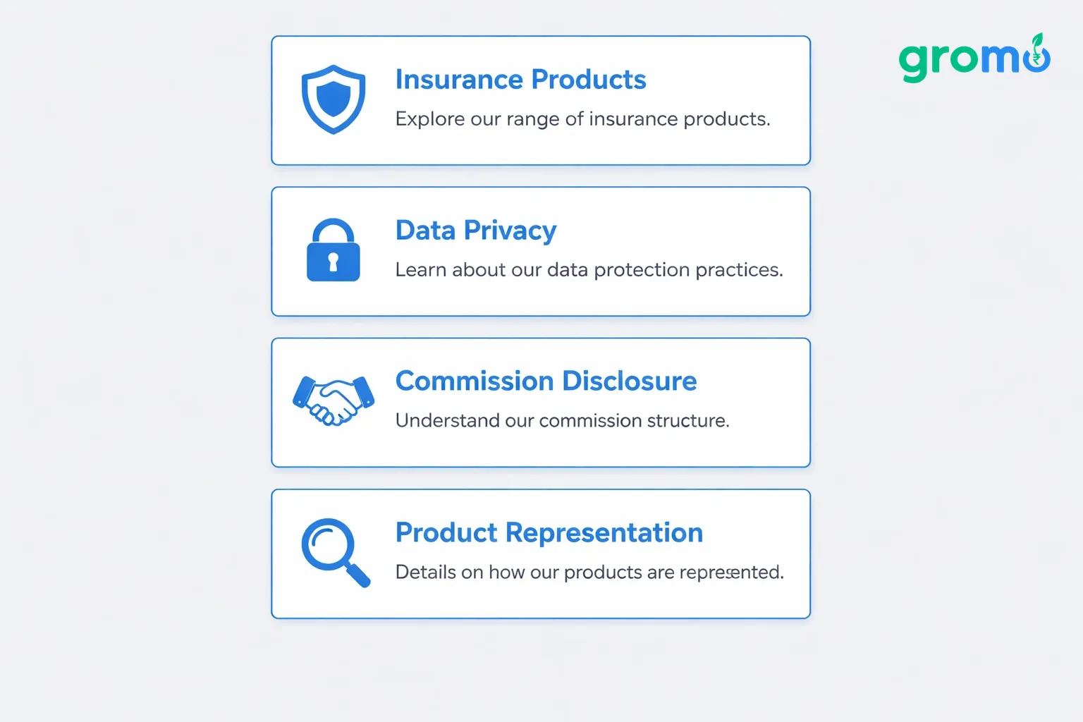Four flat minimalist vector cards on a #efefef background, each card outlined in #258bef with a heading and simple icon representing Insurance Products, Data Privacy, Commission Disclosure, and Product Representation.