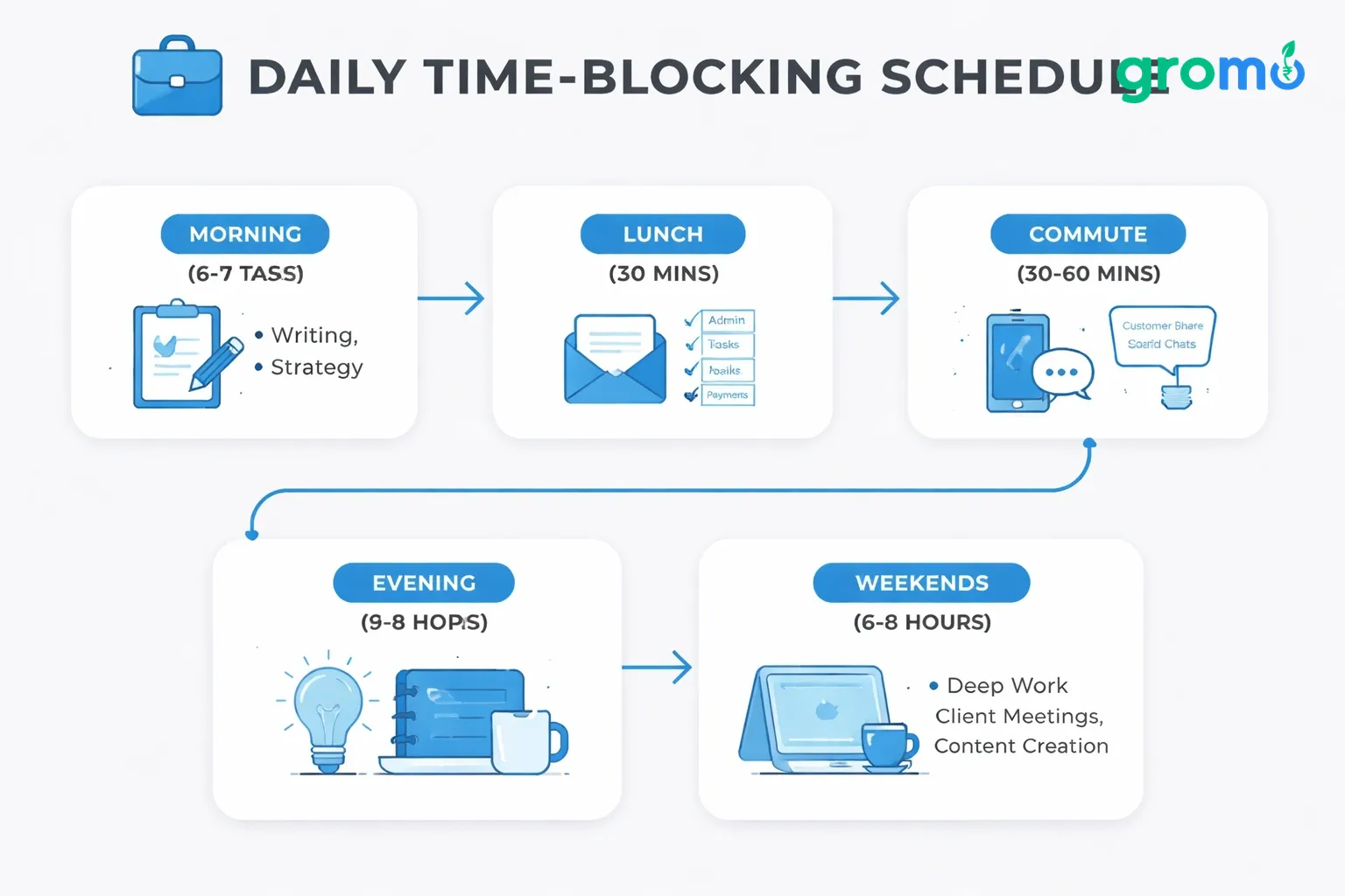 Flowchart of daily time-blocking schedule for working professionals managing part-time businesses