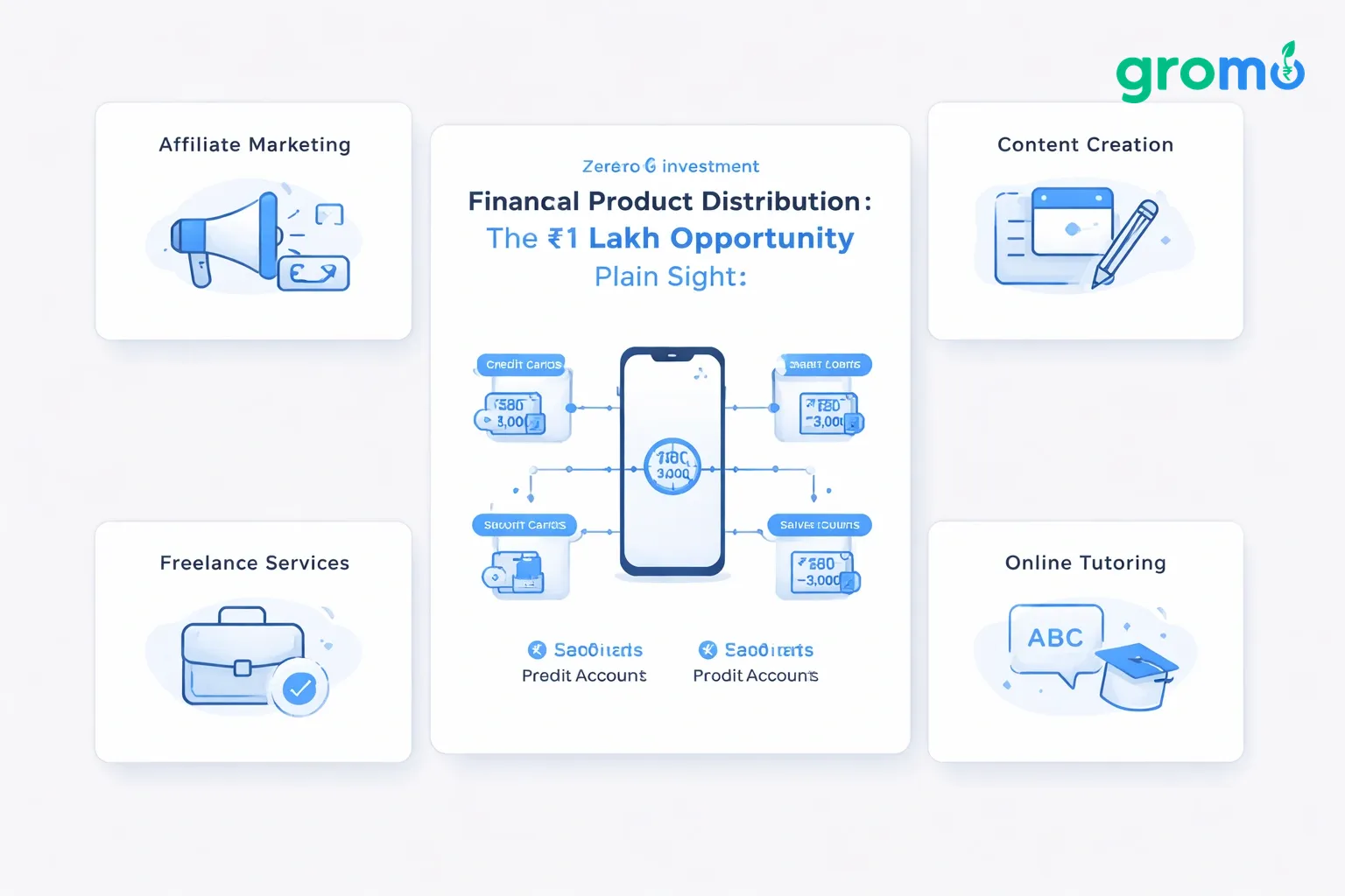A flat minimalist vector illustration showing a set of accent‑colored cards on a light gray background, with the main card highlighting financial product distribution using smartphone and network icons, and surrounding cards representing other zero‑investment income ideas.