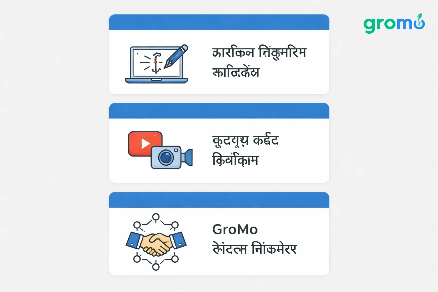 Flat minimalist vector illustration showing three stacked cards on a light gray background, each card representing a student part‑time business idea (Graphic Design, YouTube channel, GroMo referral) with simple icons and headings in blue (#258bef).