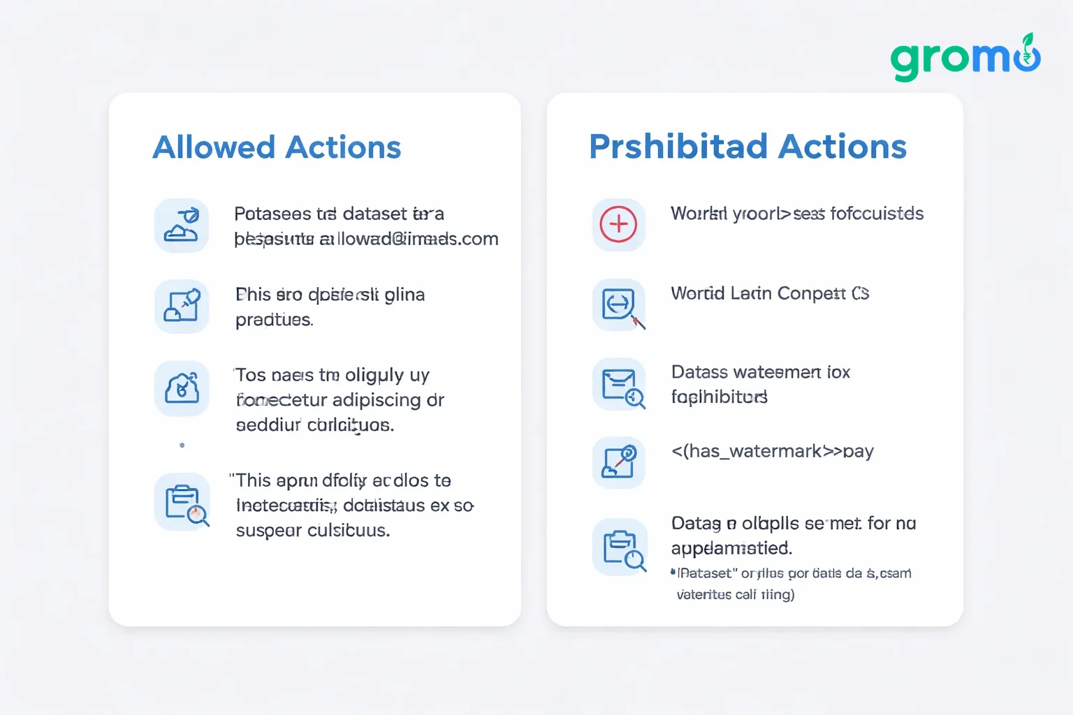 Two-column flat minimalist vector illustration on a #efefef background showing allowed and prohibited actions for GroMo partners. Left column titled 'Allowed Actions' with simple icons and bullet points, right column titled 'Prohibited Actions' with icons and bullet points. Headings and icons use accent color #258bef, cards are white with subtle shadows.