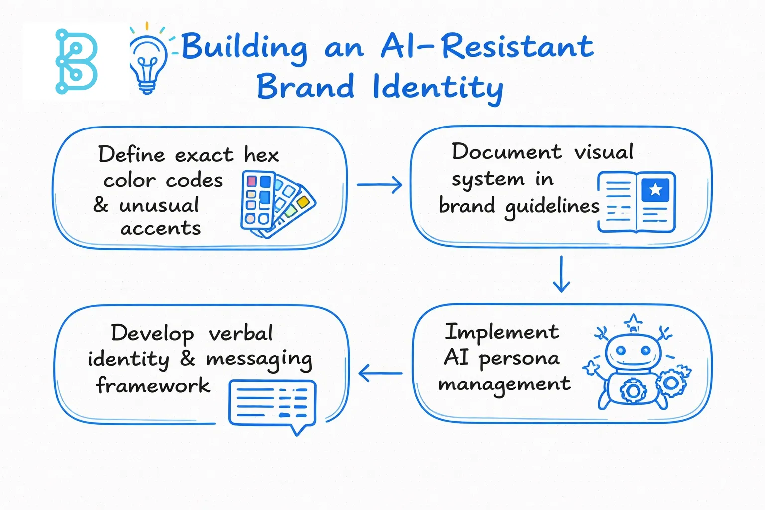 A hand‑drawn line art flowchart on a light grey background showing four sequential steps to create an AI‑resistant brand identity, with nodes outlined in blue and arrows linking them.