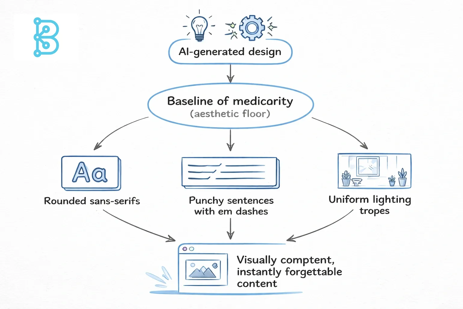 Flowchart in hand‑drawn line art style on a light gray background illustrating the aesthetic floor problem in AI‑generated branding, with nodes for AI design, baseline mediocrity, common design traits, and resulting forgettable content, highlighted in blue.