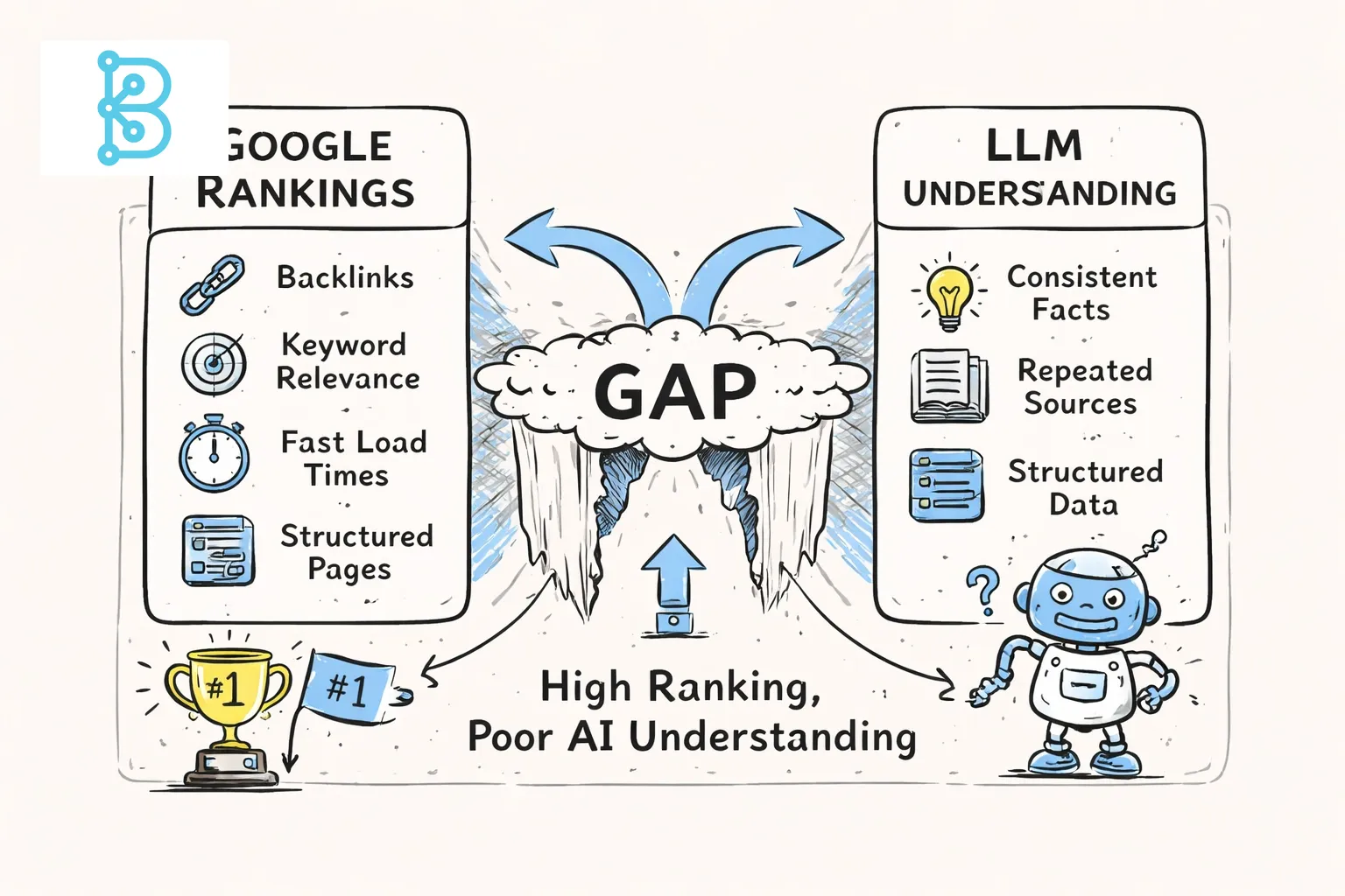 Hand-drawn line art flowchart comparing Google ranking factors with LLM comprehension factors, using #efefef background and #3b82f6 accent color.