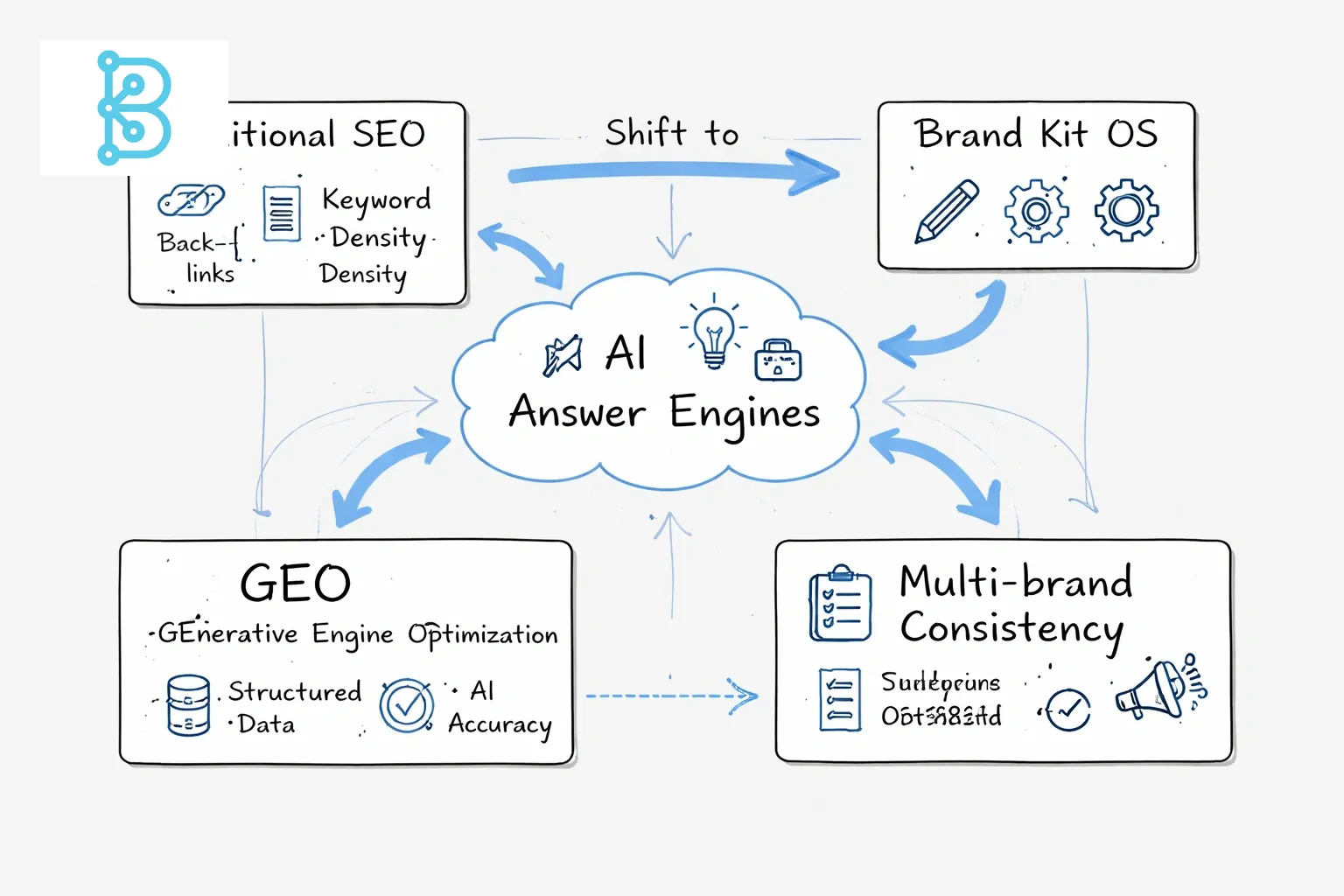 Hand-drawn line art flowchart on a light gray background, with blue accents, illustrating the transition from Traditional SEO to Generative Engine Optimization (GEO) for agencies, including Brand Kit OS and multi-brand consistency.