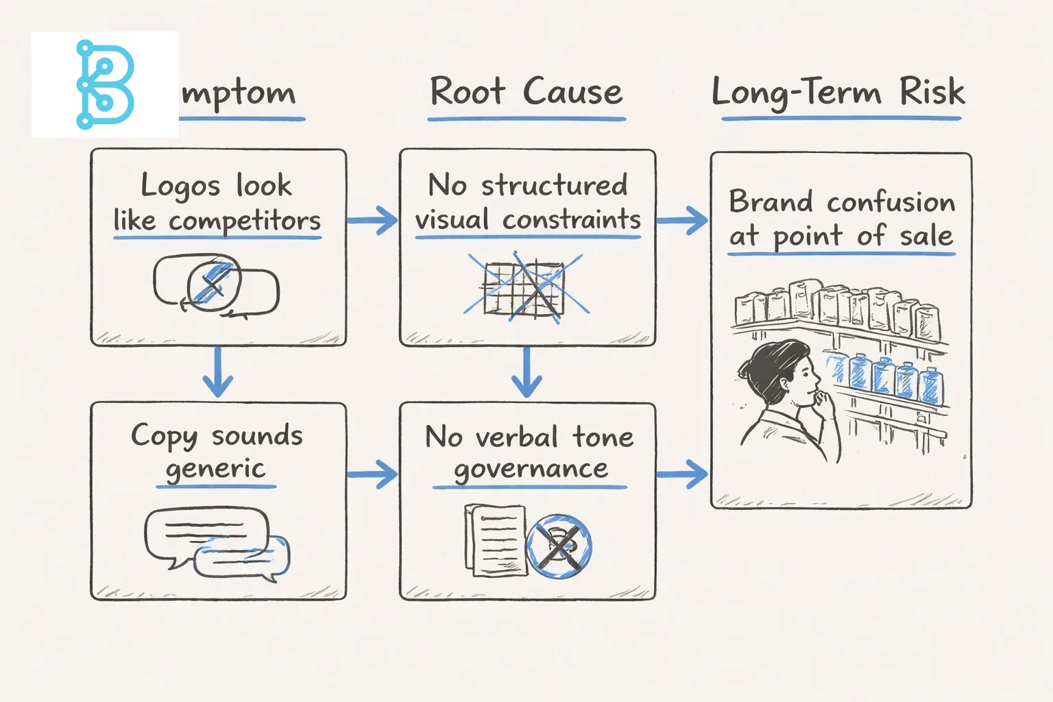 Hand-drawn line art flowchart on a light gray background with blue accents, displaying columns of cards for symptoms, root causes, and long-term risk linked by arrows.
