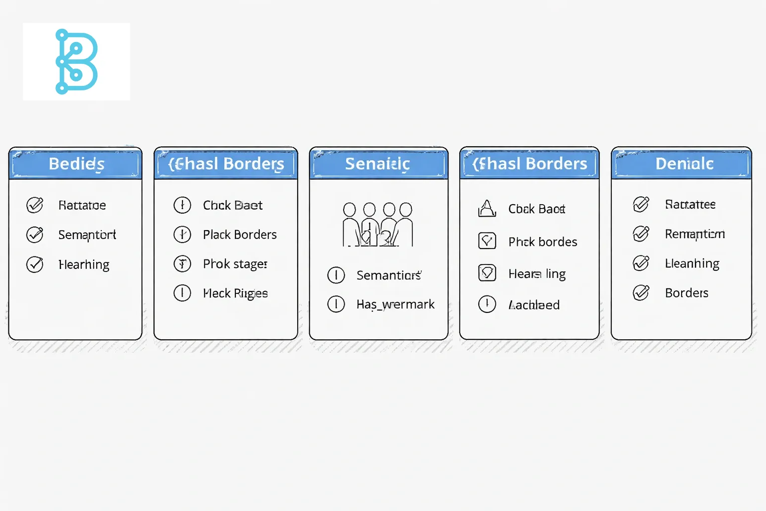 Hand-drawn line art of five highlighted cards illustrating export payload sections for AI personas