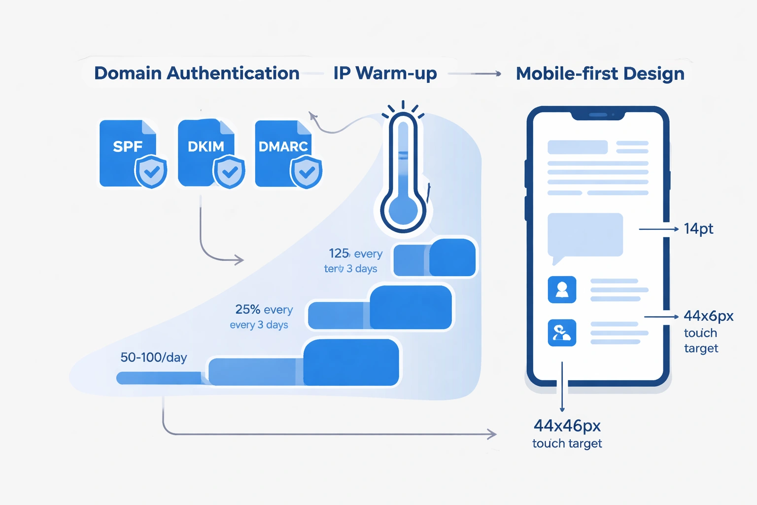 Minimalist flowchart illustrating domain authentication, IP warm-up, and mobile design steps for transactional email implementation, using gray background and blue accent colors.