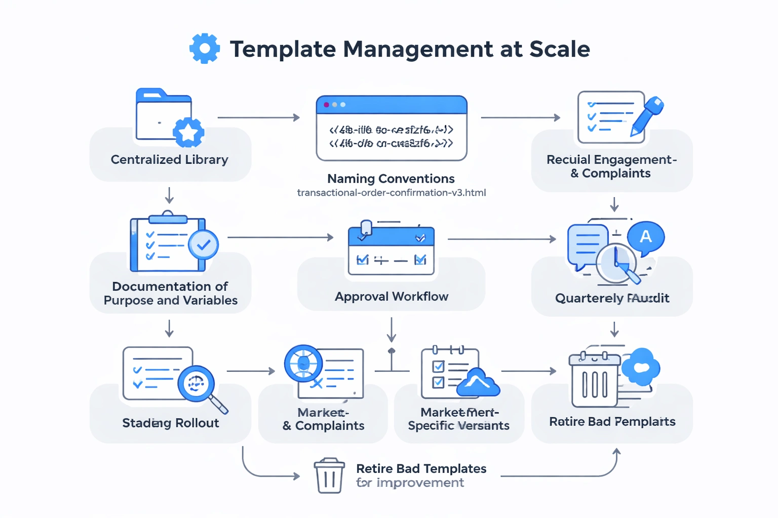 Flat minimalist vector flowchart illustrating the steps of template management at scale, styled with a light gray background and blue accent highlights.