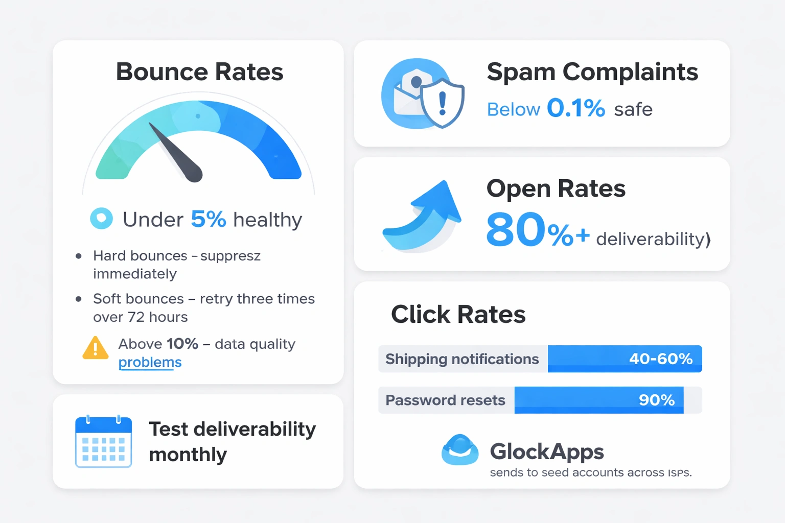 Statistical infographic visualizing key email monitoring metrics in flat minimalist vector style