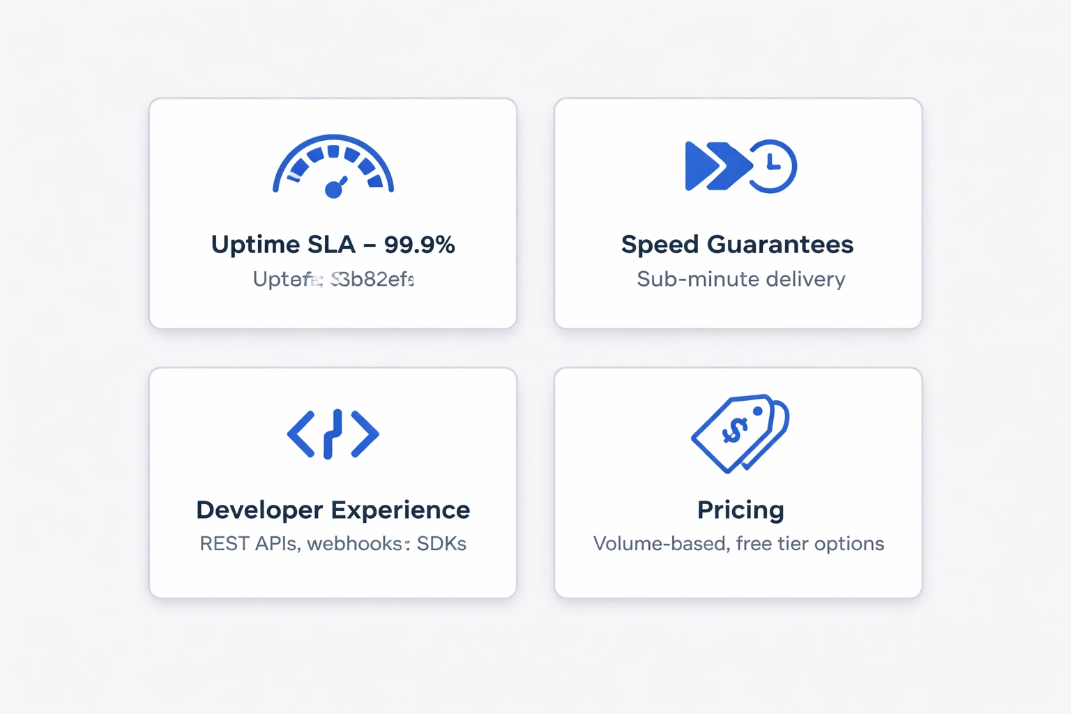 Four flat minimalist vector cards on a light gray background, each showing a key criterion for choosing an email provider with blue accents.
