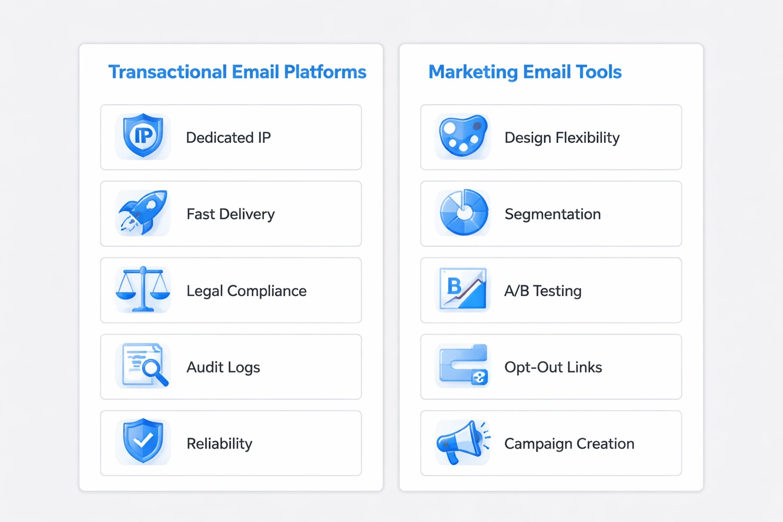Side-by-side comparison cards illustrating differences between transactional email platforms and marketing email tools in flat minimalist vector style.