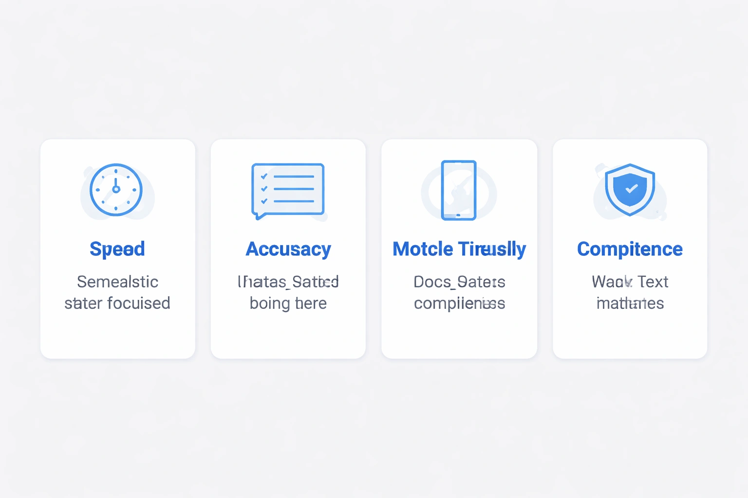 Four flat minimalist vector cards on a light gray background showing speed, accuracy, mobile-friendly design, and compliance for transactional emails, each with an icon and concise label.