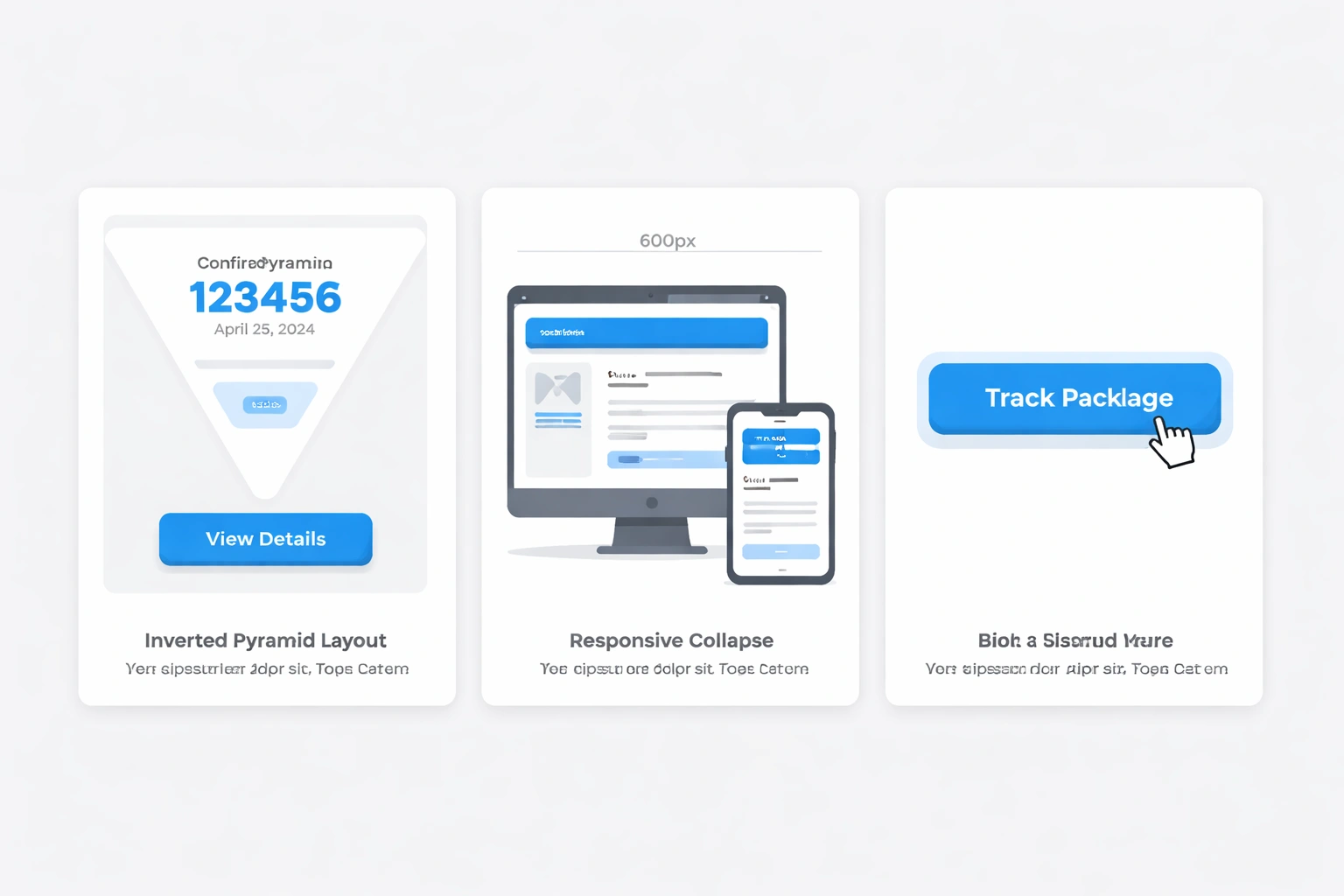 Three flat vector cards on a light gray background illustrating email design guidelines: an inverted pyramid layout with prominent confirmation number and button, a responsive single‑column email shown on desktop and mobile screens, and a large high‑contrast call‑to‑action button.