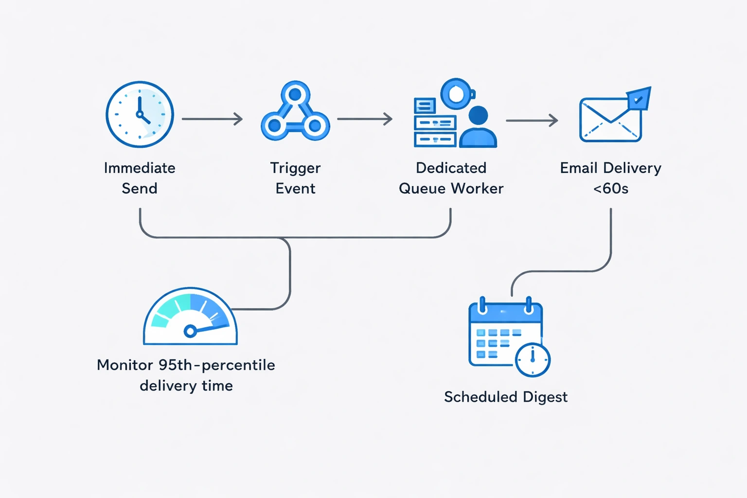 Flowchart illustration showing immediate send, webhook trigger, queue worker, sub‑60‑second delivery, delivery time monitoring gauge, and scheduled digest for transactional emails.