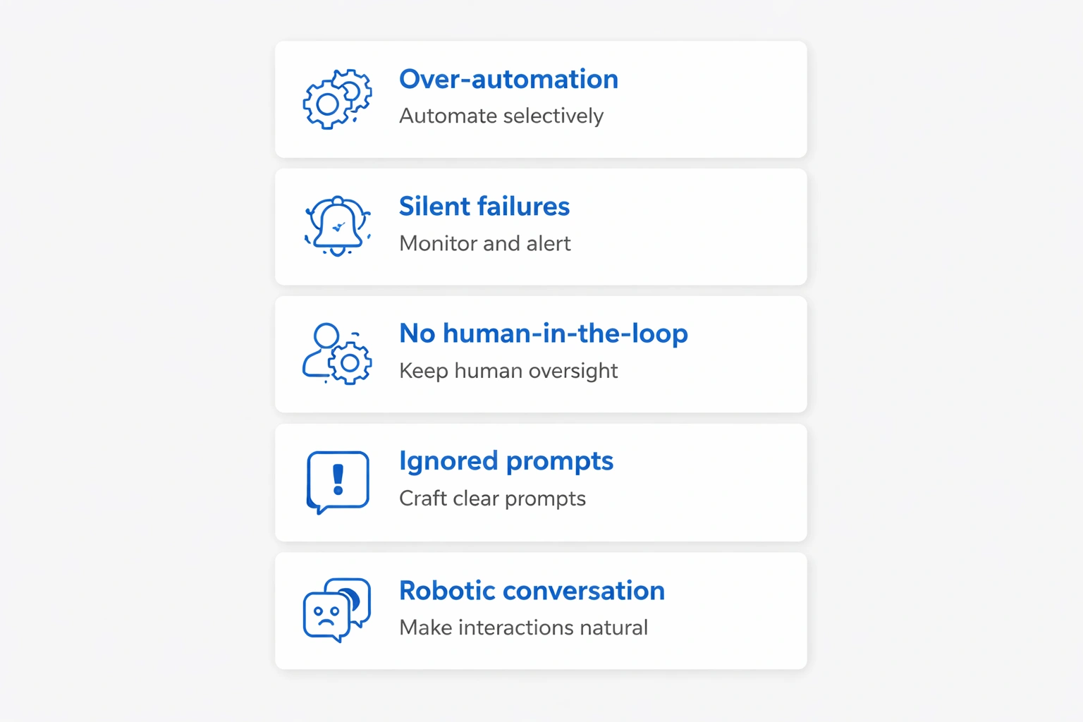 Cards showing common AI agent pitfalls for solopreneurs and tips to avoid them